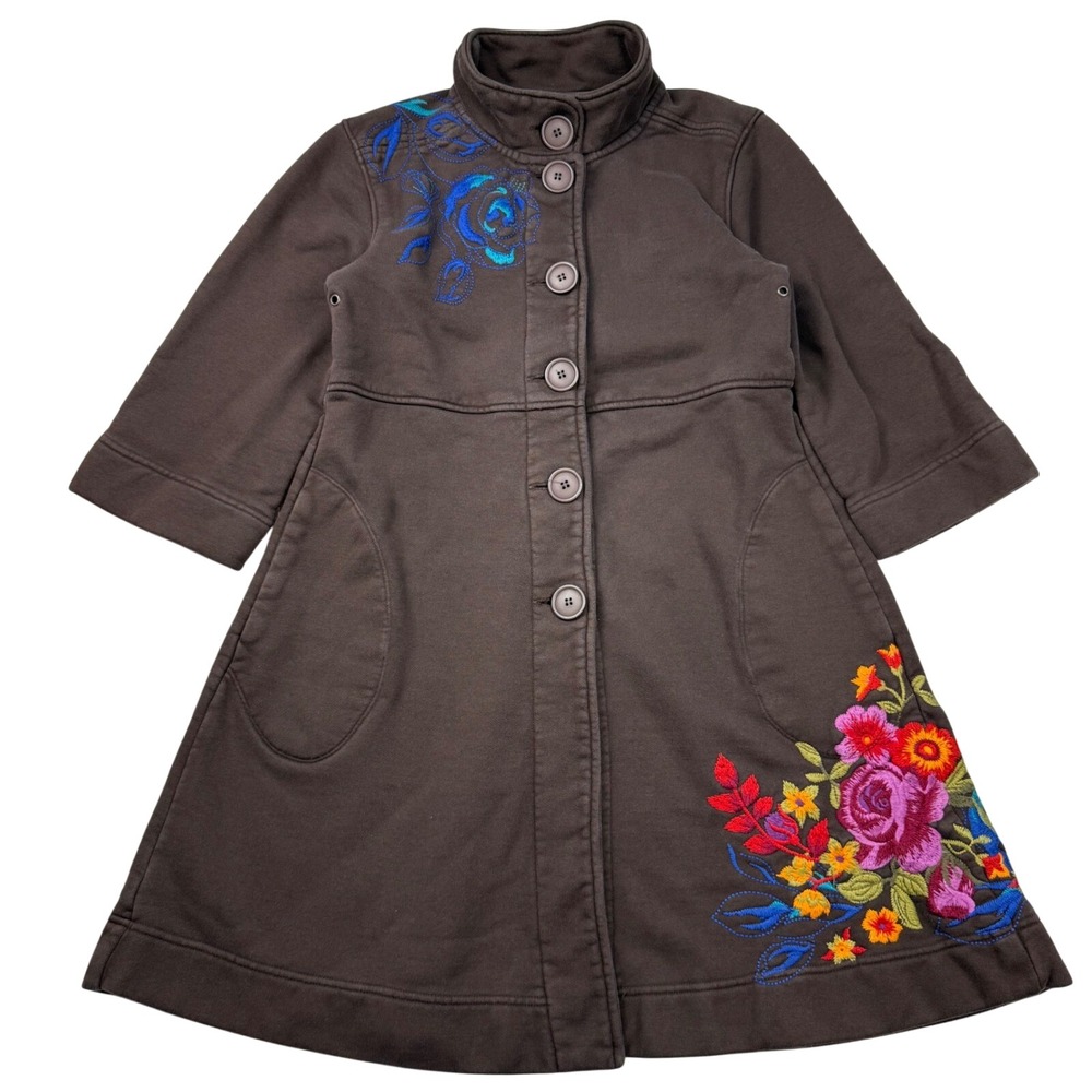 JW Los Angeles Johnny Was Brown Embroidered Floral Button Front Coat Jacket M